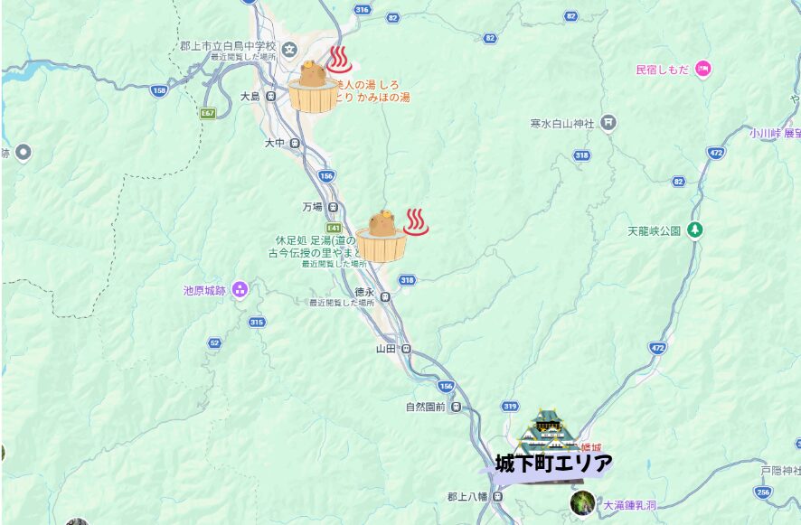 Googleマップ　郡上市　八幡　大和　白鳥エリア
